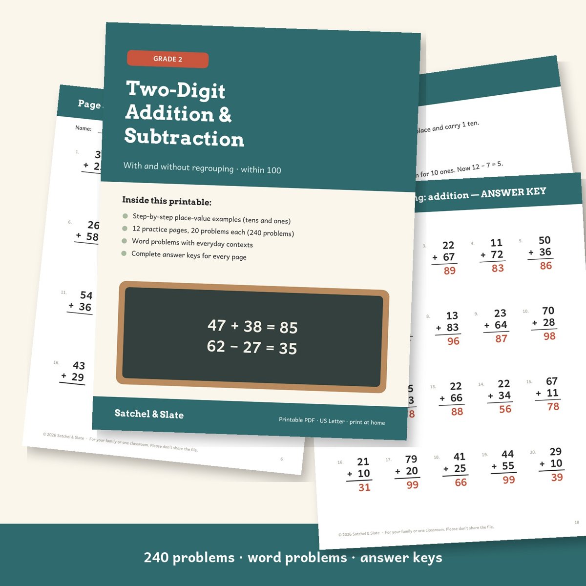 2nd Grade Two-Digit Addition & Subtraction with Regrouping: 240 Problems + Answer Keys (Printable)