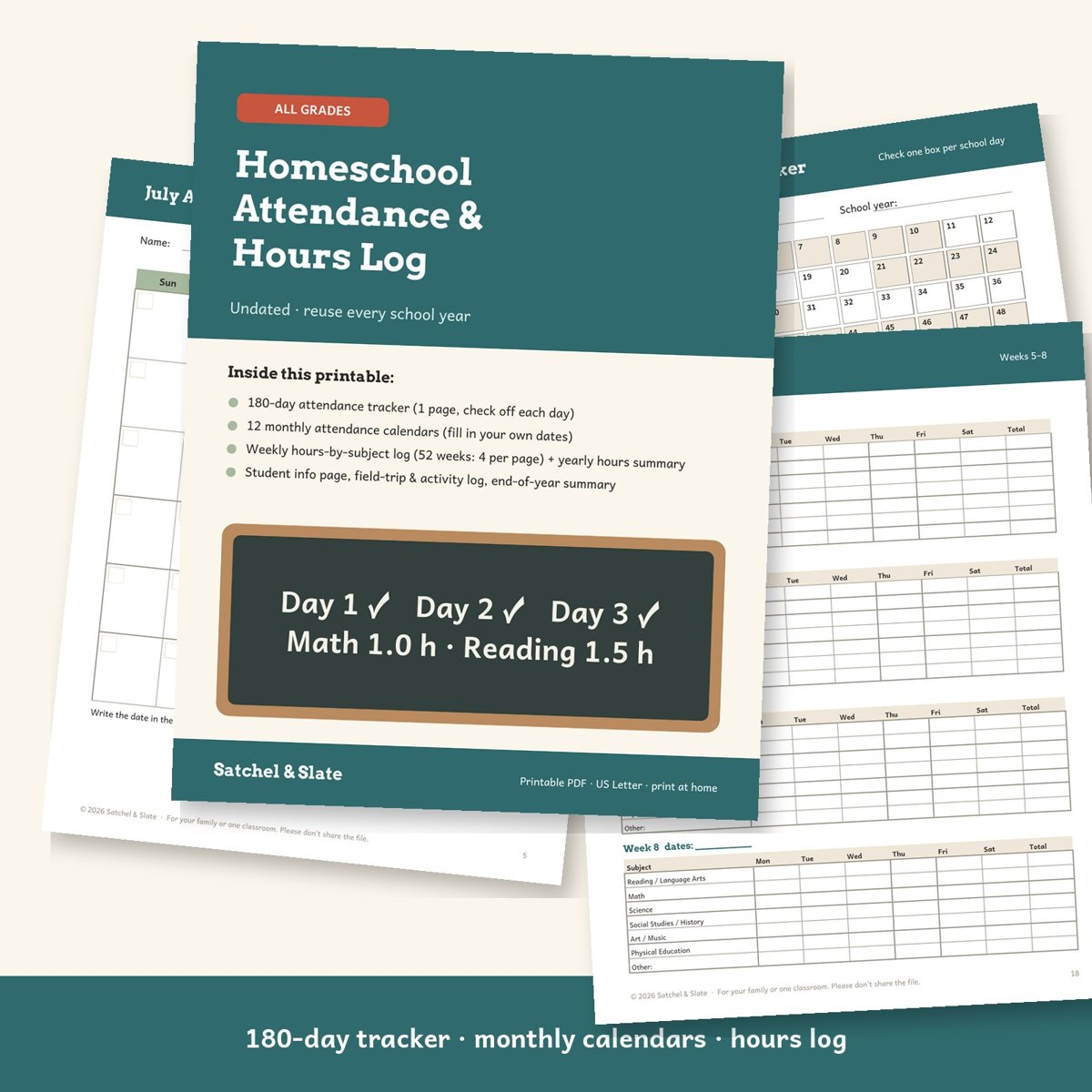 Homeschool Attendance & Hours Log (Undated, Printable PDF)
